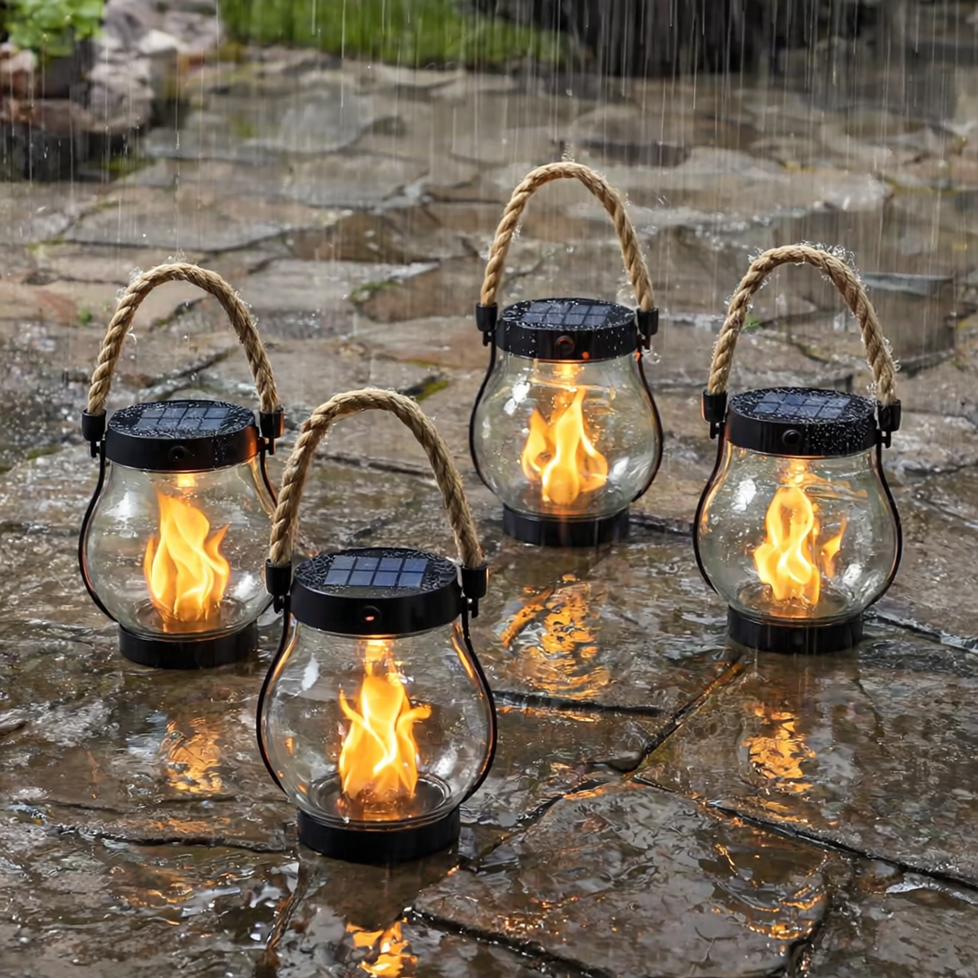 Four Solar Flames lanterns glowing together along a stone path at night