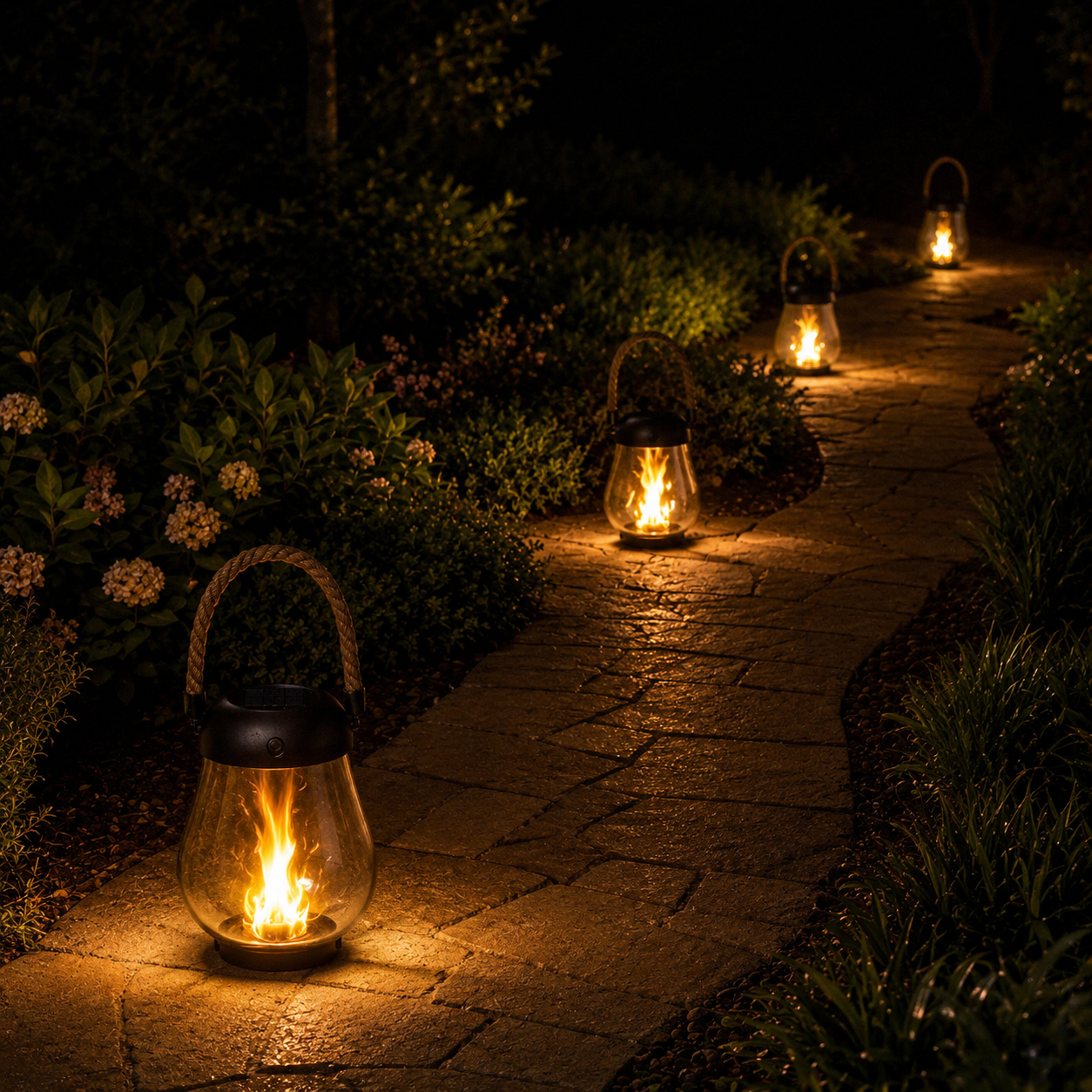 Flame-effect solar lanterns glowing along a garden path at night
