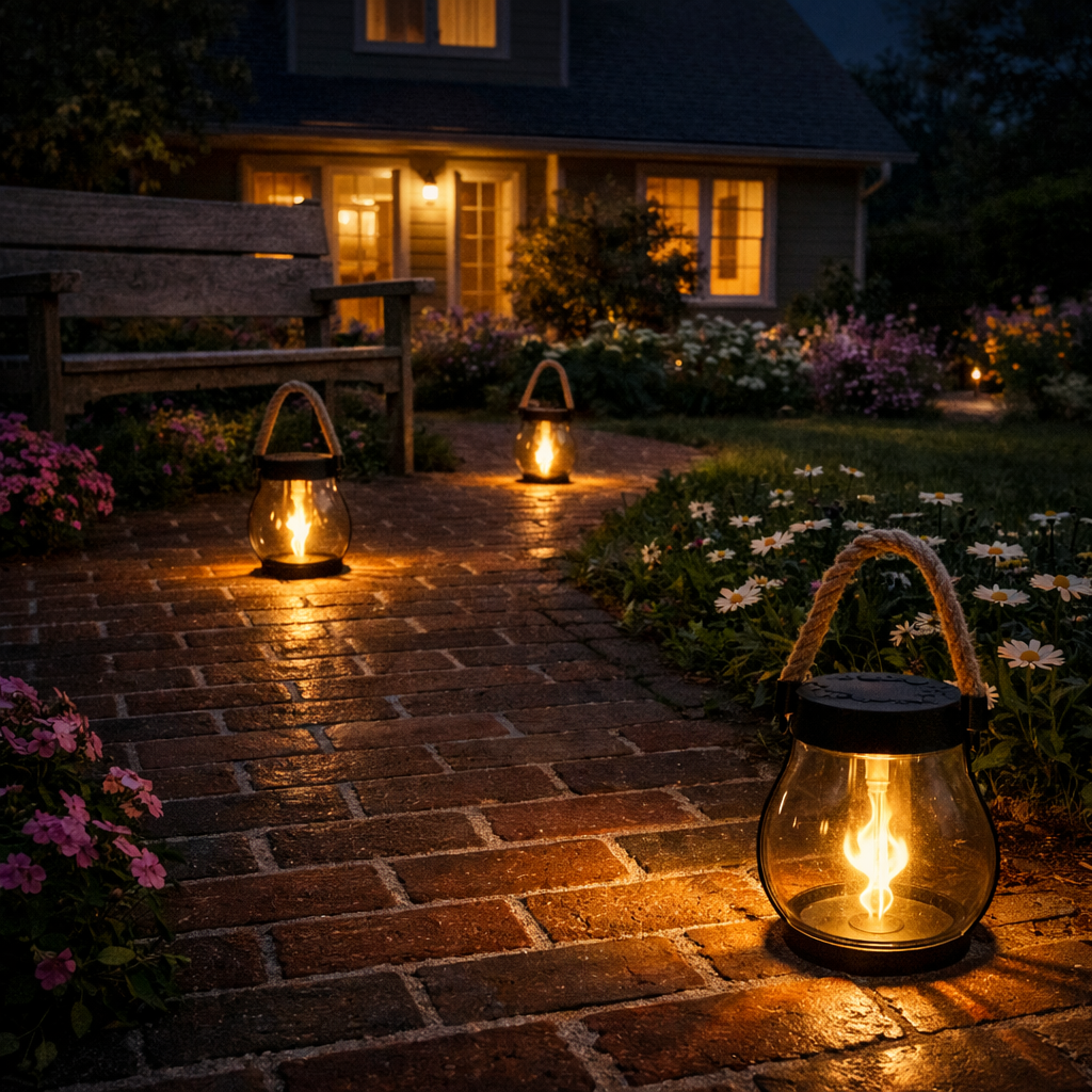 Solar Flames lanterns lining a brick walkway in front of a home at night